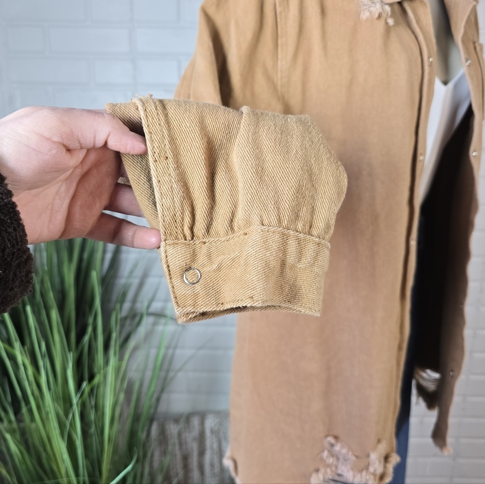 Unbranded Distressed Tan Button Up Denim Shirt Jacket Large - Picture 4 of 7